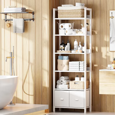 White Bathroom Storage Shelf With Towels Baskets Toiletries In Wooden Wall Bathroom And Natural Light 3d model