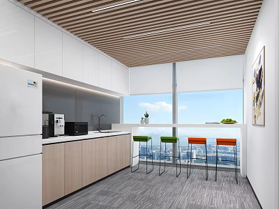 Modern Break Room Interior With White Cabinets Wooden Ceiling And Colorful Stools 3d model