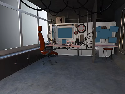 Industrial Style Workspace Interior With Orange Office Chair Computer Desk And Large Windows 3d model