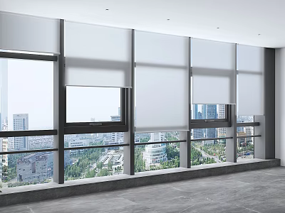 Modern White Roller Window Curtains With City View Background In Bright Room 3d model