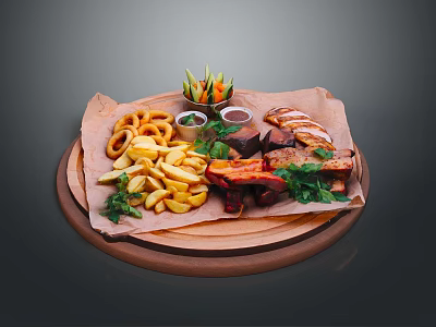 Grilled Ribs with Crispy Onion Rings Golden Fries and Fresh Vegetable Sticks on Wooden Tray 3d model