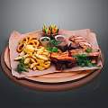 Grilled Ribs with Crispy Onion Rings Golden Fries and Fresh Vegetable Sticks on Wooden Tray