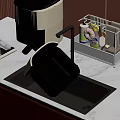Modern Kitchen Faucet Over Stainless Steel Sink With Dish Rack And Coffee Machine