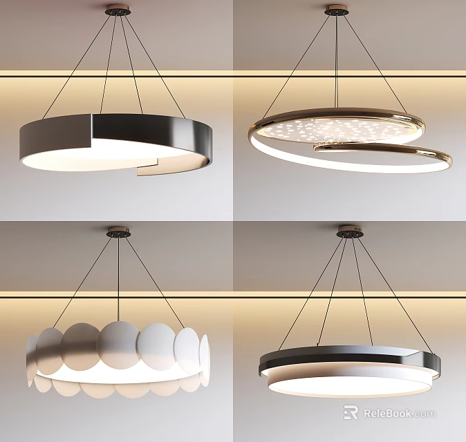 Modern Lighting Combinations Featuring Round Pendant Lights Layered Metal Frames And Warm Glow 3d model 