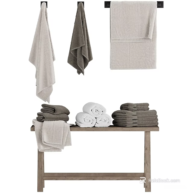 Soft Gray and White Towels Folded and Hanging on Wooden Table 3d model 