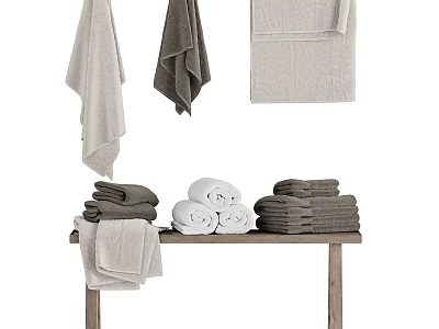 Soft Gray and White Towels Folded and Hanging on Wooden Table 3d model
