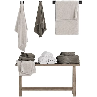 Soft Gray and White Towels Folded and Hanging on Wooden Table 3d model