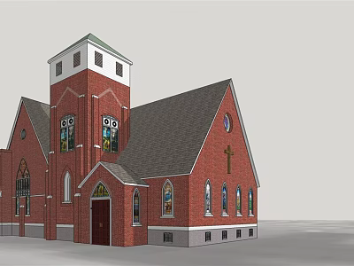 Historic Church Building With Red Brick Stained Glass Windows Cross And Tower 3d model
