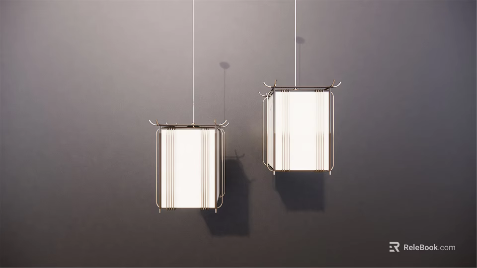 Two Modern Pendant Lights With Metal Frame And White Rectangular Shades Hanging In Contemporary Interior 3d model 