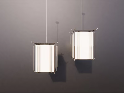 Two Modern Pendant Lights With Metal Frame And White Rectangular Shades Hanging In Contemporary Interior 3d model