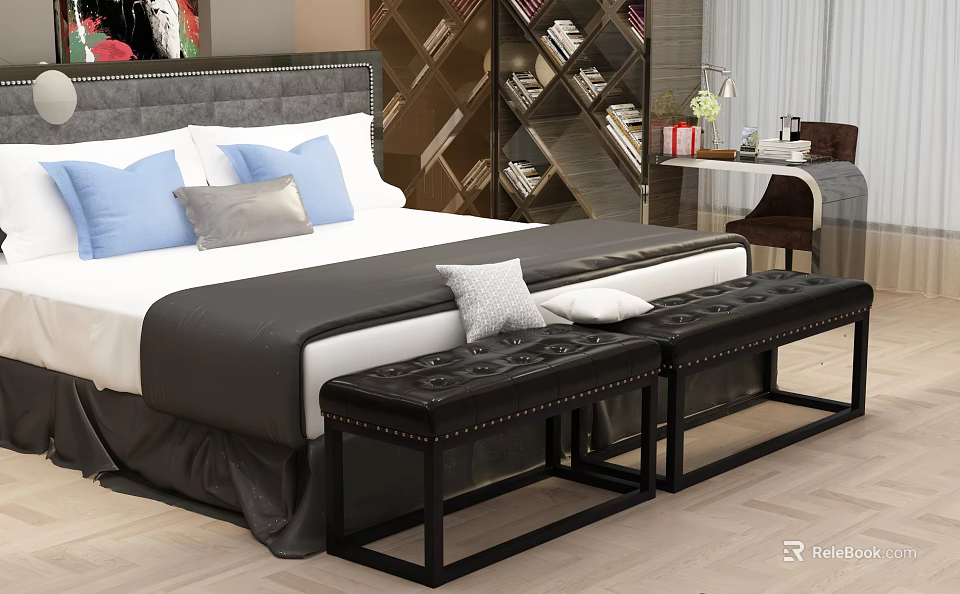 Black Leather Tufted Studded Bedroom Bench Placed By White And Gray Bed 3d model 