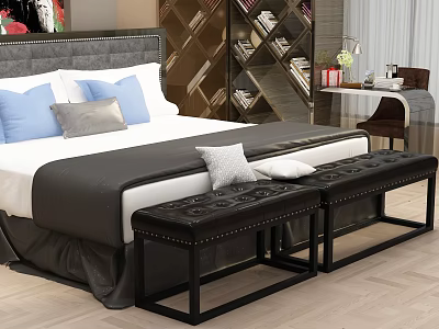 Black Leather Tufted Studded Bedroom Bench Placed By White And Gray Bed 3d model