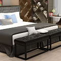 Black Leather Tufted Studded Bedroom Bench Placed By White And Gray Bed