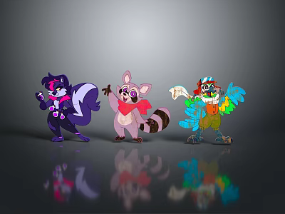 Vibrant Game And Movie Characters Featuring Purple Fox Pink Raccoon And Colorful Parrot 3d model