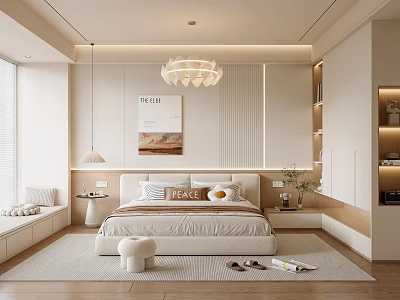Modern Minimalist Bedroom Interior With Chandelier Artwork And Soft Rug 3d model