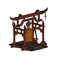 Ancient Musical Instruments Featuring Red Frames Hanging Bells And Wooden Pedestals Set Of Four