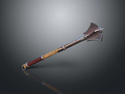 Vintage Battle Axe With Metal Blade Wooden Handle And Red Grip Design 3d model