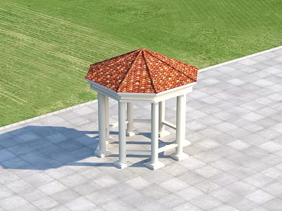 Octagonal Gazebo With Red Tiled Roof White Columns On Paved Ground And Green Lawn 3d model
