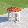 Octagonal Gazebo With Red Tiled Roof White Columns On Paved Ground And Green Lawn