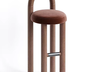 Stylish Wooden Frame Bar Stool With Brown Padded Seat And Metal Footrest 3d model