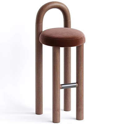 Stylish Wooden Frame Bar Stool With Brown Padded Seat And Metal Footrest 3d model