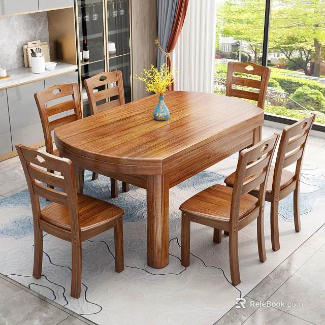 Wooden Oval Dining Table And Six Chairs Set With Vase And Natural View 3d model 