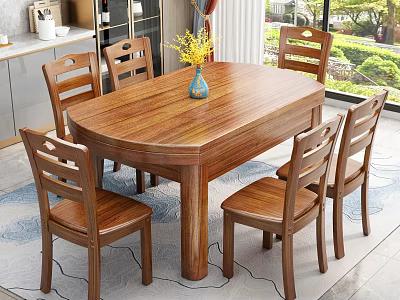 Wooden Oval Dining Table And Six Chairs Set With Vase And Natural View 3d model