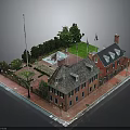 Modern Courtyard Scene With Red Brick Buildings Gray Roofs Green Lawn Fountain And Flags