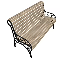 Elegant Outdoor Bench with Wooden Slat Back Seat and Curved Metal Decorative Frame Accents