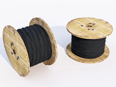 Industrial Equipment Cable Reels With Wooden Spools And Black Cables 3d model