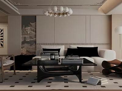 Elegant Modern Living Room Interior With White Sofa Black Coffee Table And Chandelier 3d model