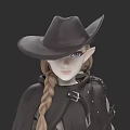 Fantasy Game Movie Character with Long Braided Hair Wide Brimmed Hat Elf Ears Dark Coat
