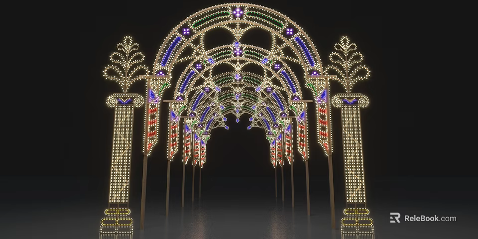 Gorgeous Decorated Archway With Colorful LED Lights Ornate Pillars And Festive Sparkling Design 3d model 