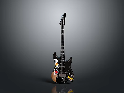 Black Electric Guitar With Colorful Stickers Sleek Body And Modern Design 3d model
