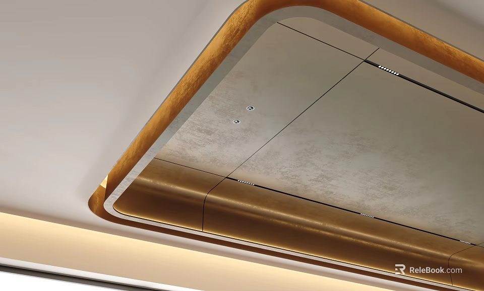Stylish Contemporary Ceiling Design With Recessed Lighting And Metallic Frame Trim Details 3d model 