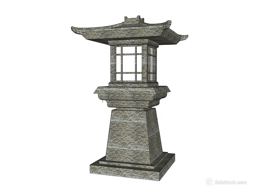 Traditional Stone Outdoor Lantern With Square Windows Roof Design And Pedestal Base 3d model 