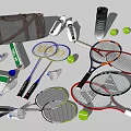 Essential Sports Equipment Collection With Tennis Badminton Rackets Balls Shuttlecocks Bag And Shoes