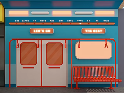 Vintage Subway Car Interior With Red Seats And Doors As Photo Check in Spot 3d model