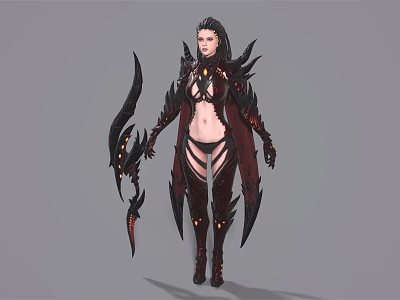Game Movie Character Female Warrior in Black Red Spiked Armor with Sharp Weapon 3d model