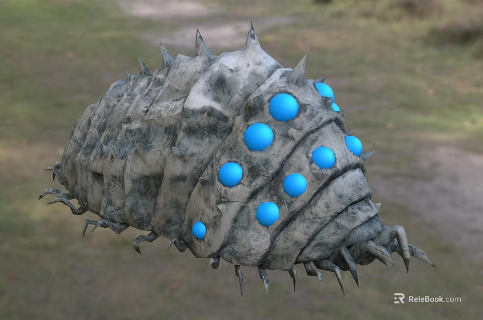 Reptile with hard shell blue circular protrusions and spikes on both sides of the body 3d model 