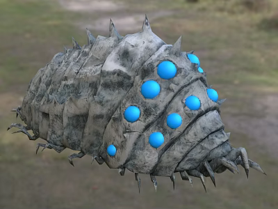 Reptile with hard shell blue circular protrusions and spikes on both sides of the body 3d model