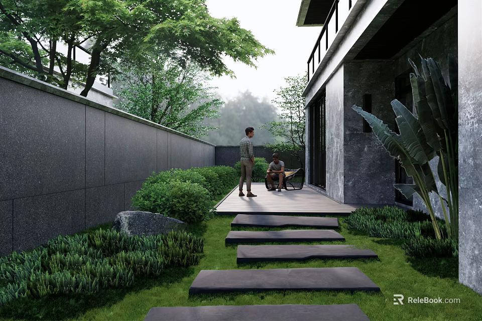 Serene Courtyard Garden With Stone Steps Green Lawn Lush Plants And Wooden Deck 3d model 