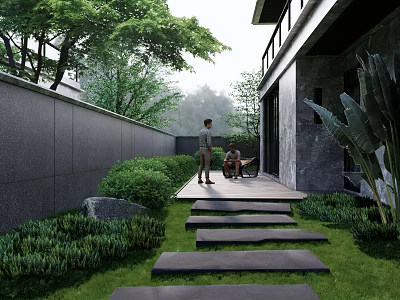 Serene Courtyard Garden With Stone Steps Green Lawn Lush Plants And Wooden Deck 3d model