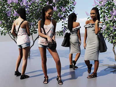 Women In Summer Outfits With Purple Flowering Trees Carrying Handbags And Wearing Sandals 3d model