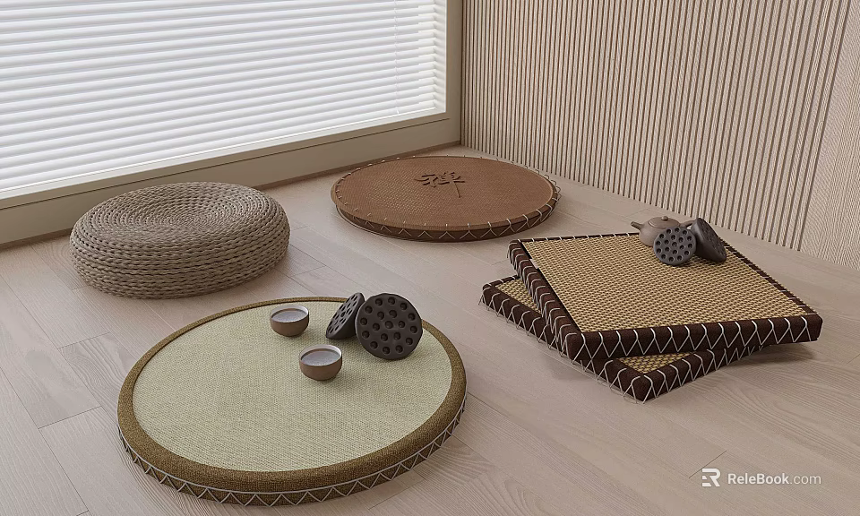 Woven Round And Square Floor Cushions With Tea Cups On Wooden Floor Near Window 3d model 