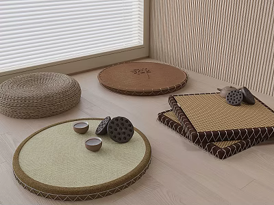 Woven Round And Square Floor Cushions With Tea Cups On Wooden Floor Near Window 3d model