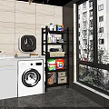 Practical Bathroom Storage Shelf With Laundry Detergent Towels Next To White Washing Machine By Window
