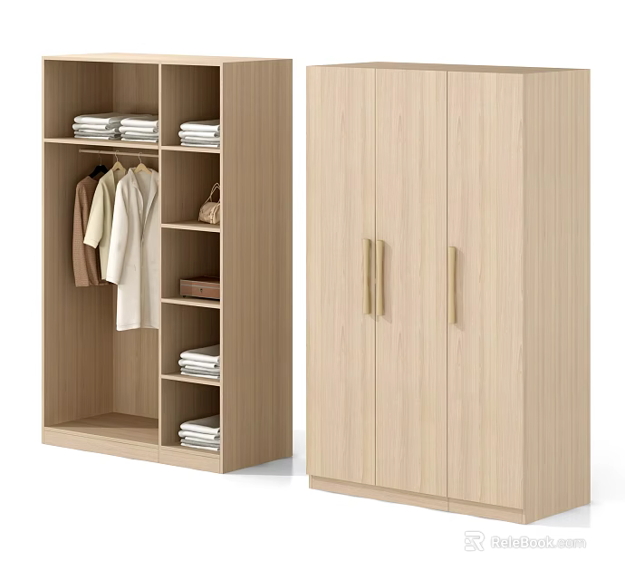 Modern Light Wood Wardrobe Featuring Open Shelves Hanging Clothes and Closed Doors Handles 3d model 
