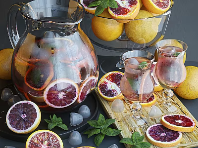 Refreshing Blood Orange and Lemon Fruit Drink with Mint Ice in Glass Pitcher and Cups 3d model