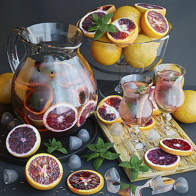 Refreshing Blood Orange and Lemon Fruit Drink with Mint Ice in Glass Pitcher and Cups 3d model